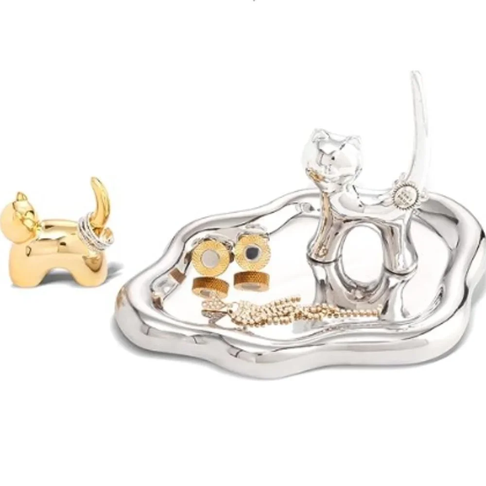 Ceramic Jewelry Cloud-Shaped Tray & 2 Removable Cat Ring Holder Set